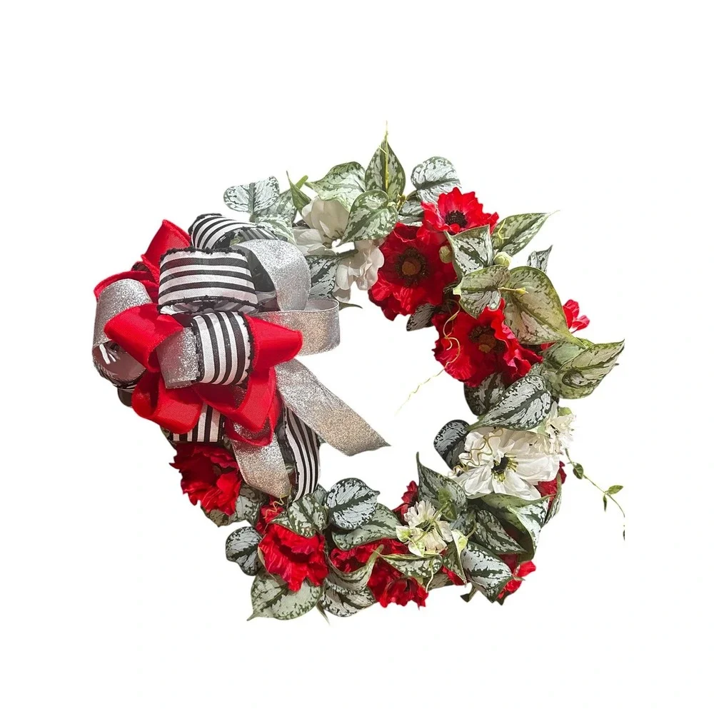 Colorful Spring Wreath; Faux Floral Door Accent; Red and White Wreath